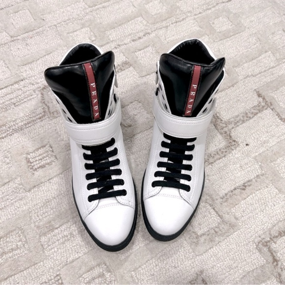 NIB Authentic Prada Nappa Sports Laceup High Top Leather Sneakers White 38.5